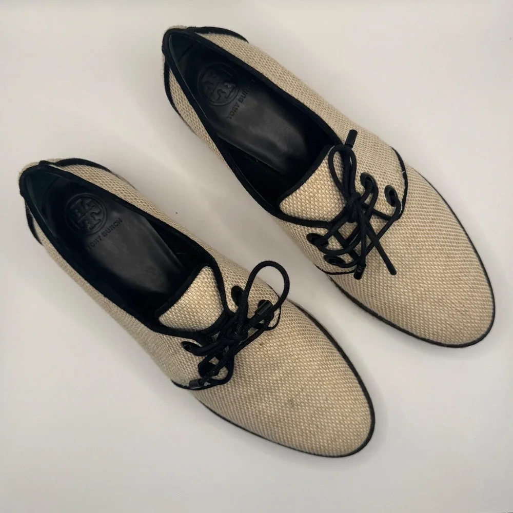 Tory Burch Beige Woven Espadrille Oxford Lace Up Flats Black Trim Women's 7.5M